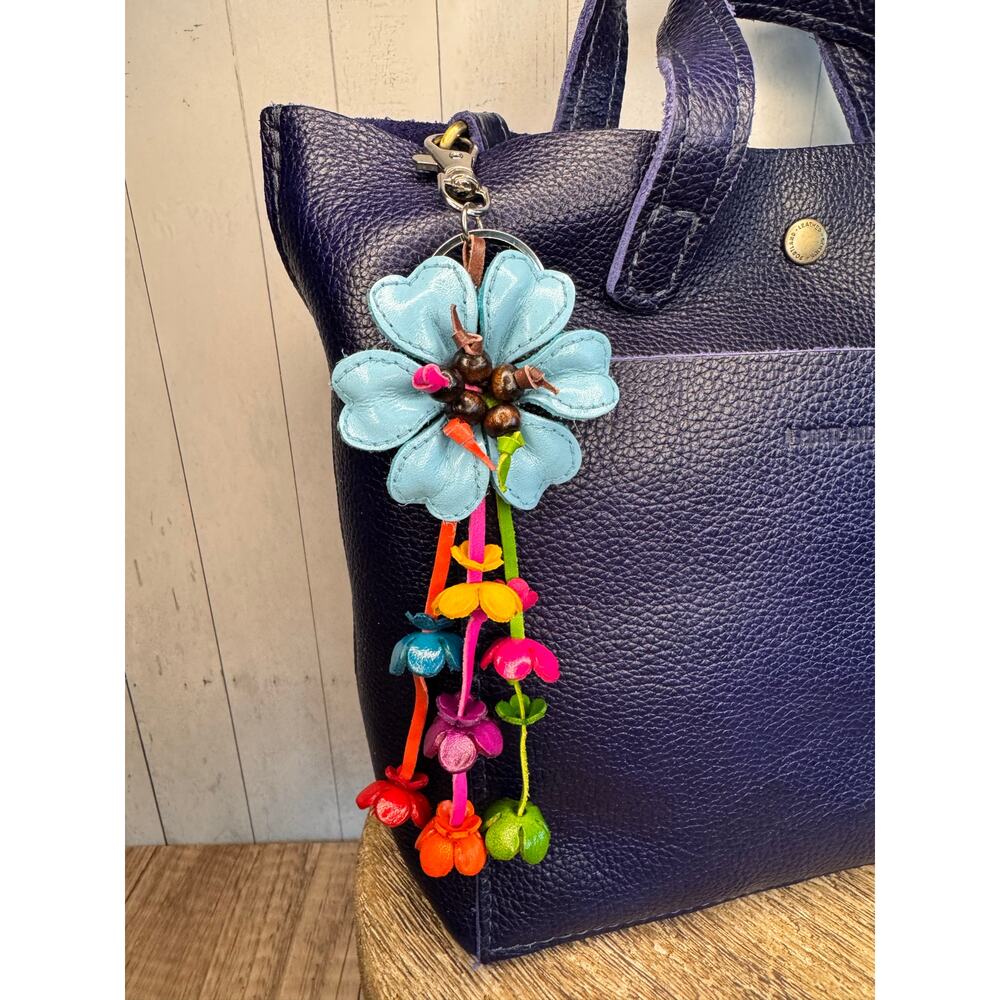 Baby Blue Daisy Flower Leather Bag Charm Genuine Leather Purse Charm Flowers